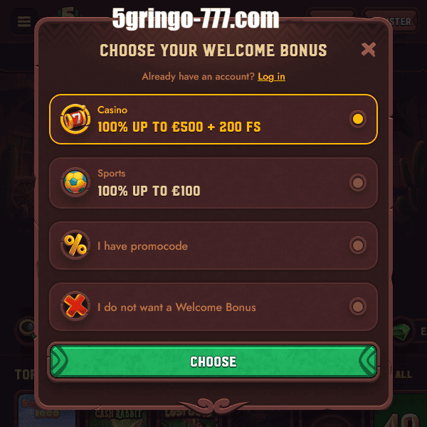 Schermata scelta del bonus di benvenuto 5Gringos